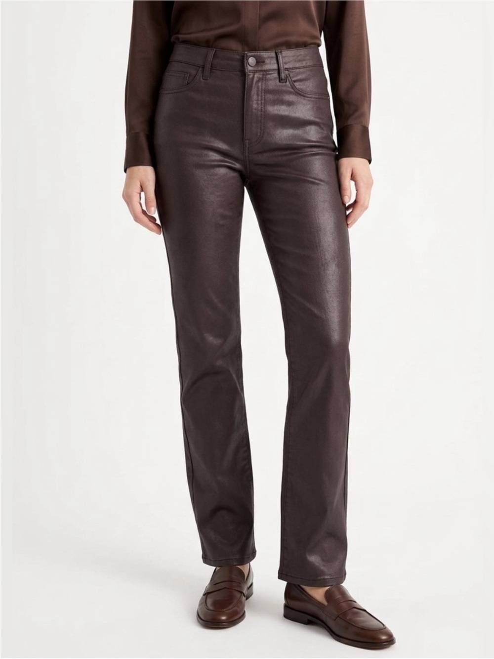 The Noli Shop Aria Coated Jeans in Espresso. Brown size 28.